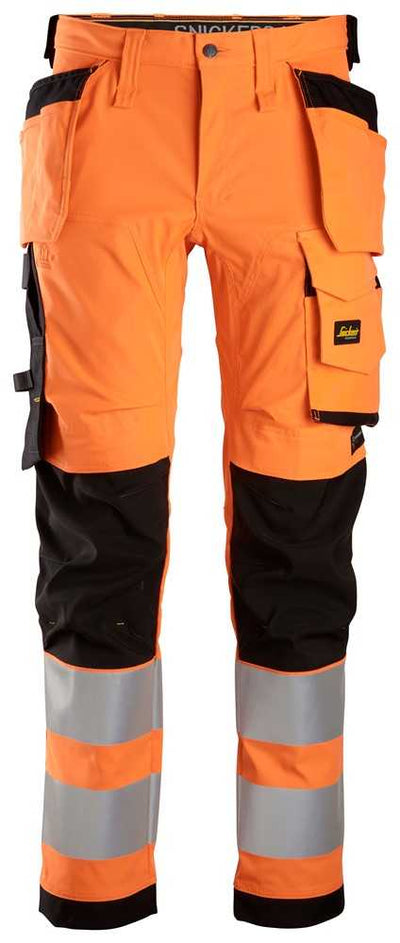 6243 Snickers High-Vis Class 2 Stretch Trousers with Holster Pockets Orange/Black