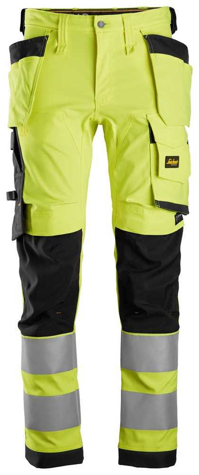 6243 Snickers High-Vis Class 2 Stretch Trousers with Holster Pockets Yellow/Black