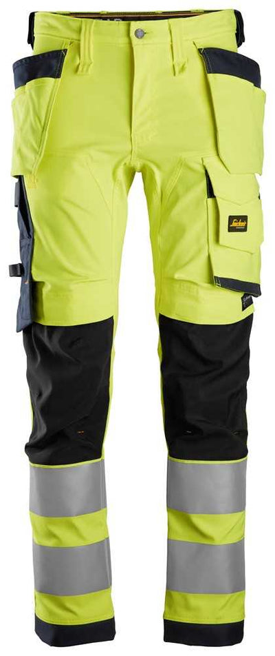 6243 Snickers High-Vis Class 2 Stretch Trousers with Holster Pockets Yellow/Navy