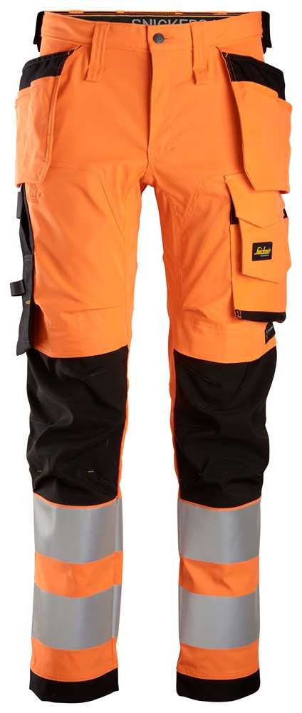 6243 Snickers High-Vis Class 2 Stretch Trousers with Holster Pockets Orange/Black