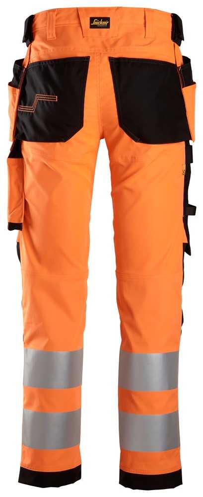 6243 Snickers High-Vis Class 2 Stretch Trousers with Holster Pockets Orange/Black