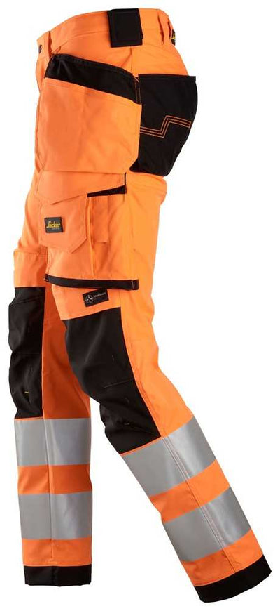 6243 Snickers High-Vis Class 2 Stretch Trousers with Holster Pockets Orange/Black