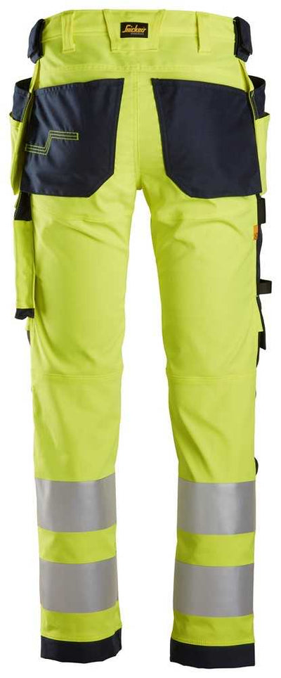 6243 Snickers High-Vis Class 2 Stretch Trousers with Holster Pockets Yellow/Navy