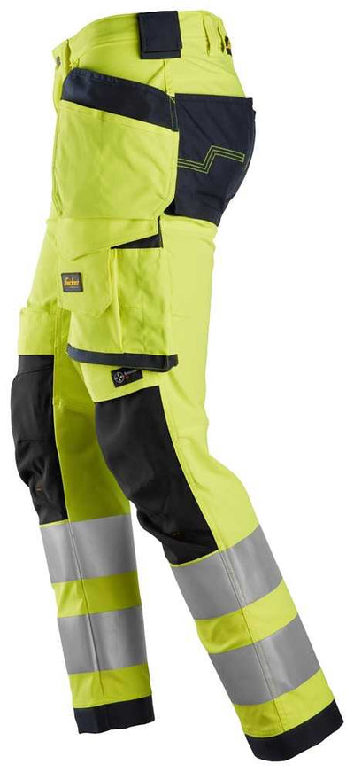 6243 Snickers High-Vis Class 2 Stretch Trousers with Holster Pockets Yellow/Navy