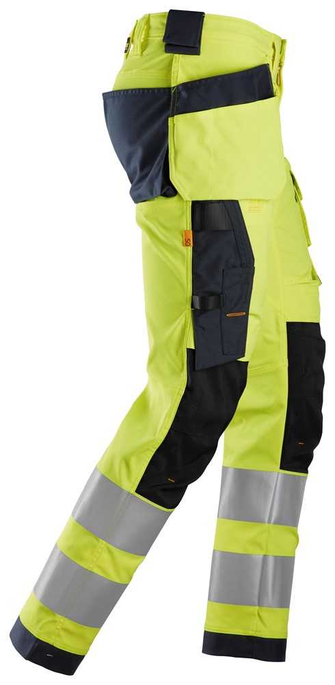 6243 Snickers High-Vis Class 2 Stretch Trousers with Holster Pockets Yellow/Navy